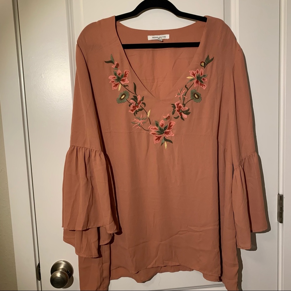 Blush Blouse with Floral Embroidery